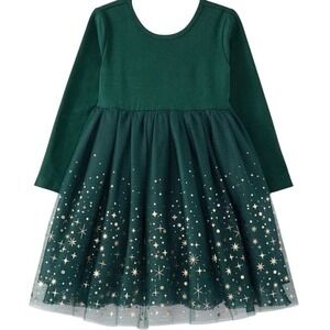 Hanna Andersson Shimmer Green Tulle Gold Stars Dress‎ Girls Size 12 Long Sleeve